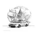 A detailed illustration of a 1993 Nissan Pulsar N14 hatchback surrounded by travel landmarks tattoo design idea