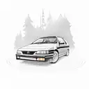 A detailed illustration of a 1993 Nissan Pulsar N14 hatchback surrounded by travel landmarks tattoo design idea