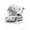 A detailed illustration of a 1993 Nissan Pulsar N14 hatchback surrounded by travel landmarks tattoo design idea