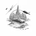 A detailed illustration of a 1993 Nissan Pulsar N14 hatchback surrounded by travel landmarks tattoo design idea