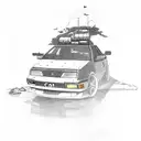 A detailed illustration of a 1993 Nissan Pulsar N14 hatchback surrounded by travel landmarks tattoo design idea