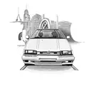 A detailed illustration of a 1993 Nissan Pulsar N14 hatchback surrounded by travel landmarks tattoo design idea