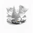 A detailed illustration of a 1993 Nissan Pulsar N14 hatchback surrounded by travel landmarks tattoo design idea