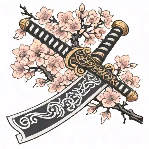 japanese sword surronded with cherry blossom tree tattoo design idea