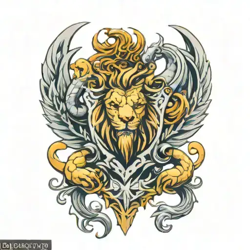 Lion and Scorpion family shield cross royalty tattoo design idea
