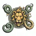 lion and scorpion family symbol surrounded by a snake   tattoo design idea
