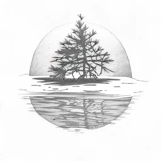 A serene blackwork tattoo of a solitary pine tree reflected in a tranquil mountain lake tattoo design idea