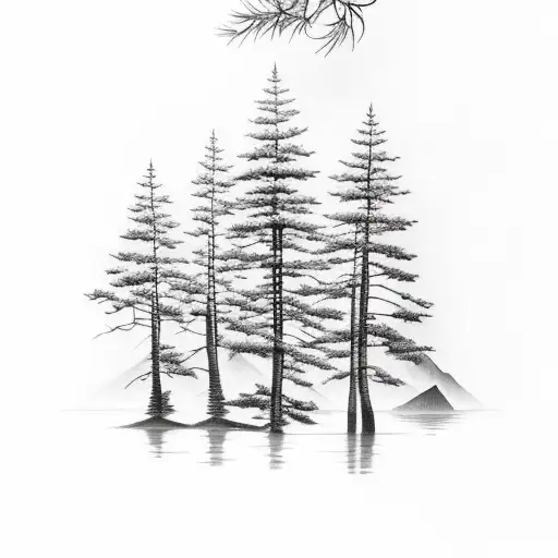 A serene blackwork tattoo of a solitary pine tree reflected in a tranquil mountain lake tattoo design idea
