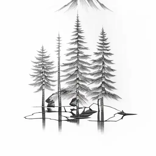 A serene blackwork tattoo of a solitary pine tree reflected in a tranquil mountain lake tattoo design idea