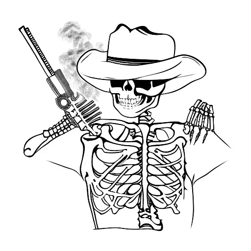 skeleton cowboy, shot in chest, house burning behind tattoo design idea