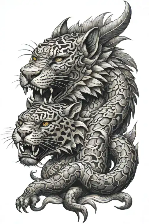 3d feathered serpent guarding jaguar warrior tattoo design idea