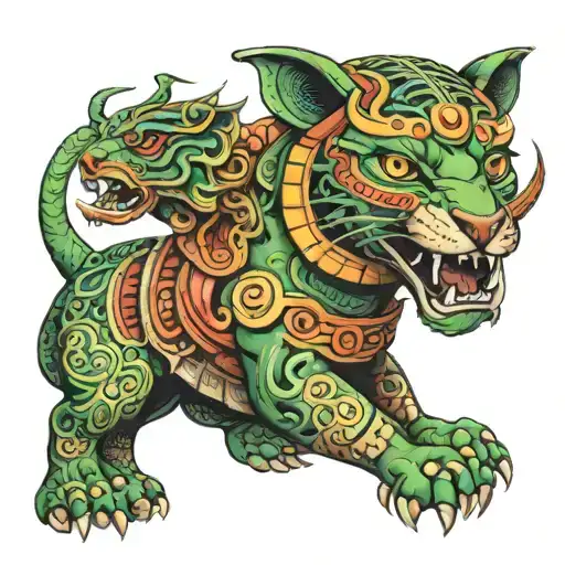 Pre-Hispanic Quetzalcoatl and Jaguar Warrior full body tattoo design idea