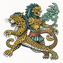 Pre-Hispanic Quetzalcoatl and Jaguar Warrior full body tattoo design idea