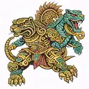 Pre-Hispanic Quetzalcoatl and Jaguar Warrior full body tattoo design idea
