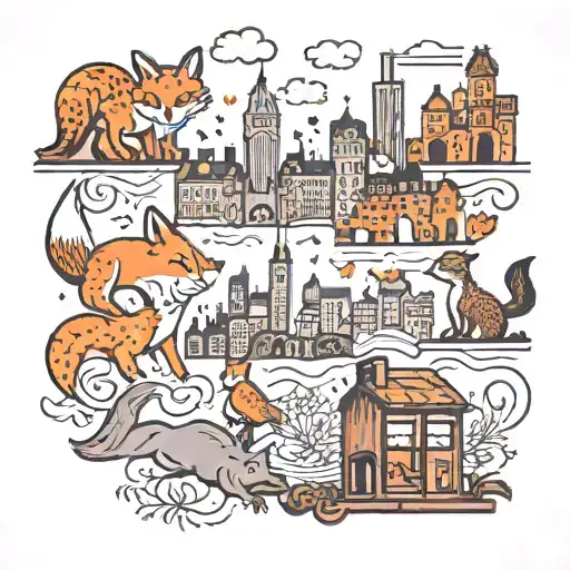 An intricate design of a city skyline with hidden images of cute foxes and squirrels peeking out from behind buildings, reflecting your love for both travel and adorable animals tattoo design idea