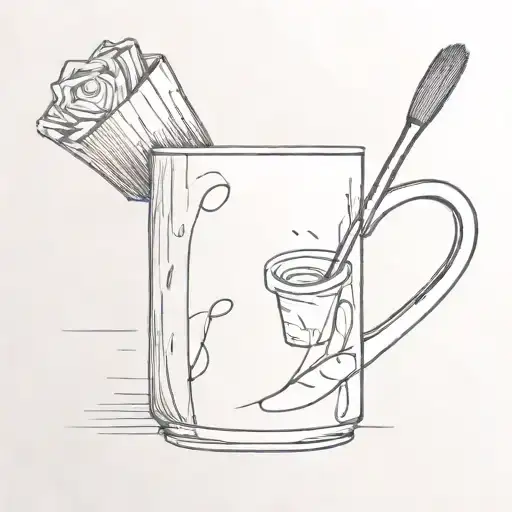 A coffee mug with a brush handle and art palette base tattoo design idea