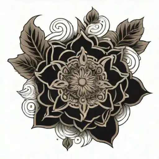 A detailed mandala design incorporating elements of coffee and art supplies, with stippling adding depth and texture tattoo design idea