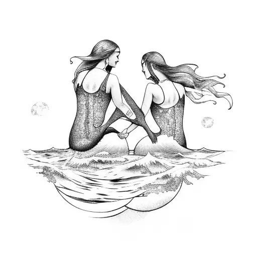 Two beautiful mermaids holding hands with the sea and the moon on the background tattoo design idea