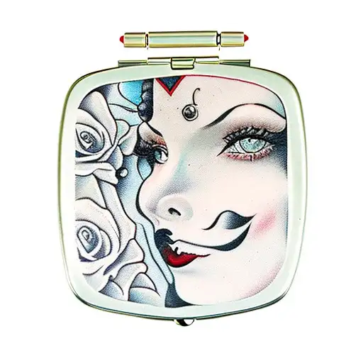 in a compact mirror reflection is red lips tattoo design idea