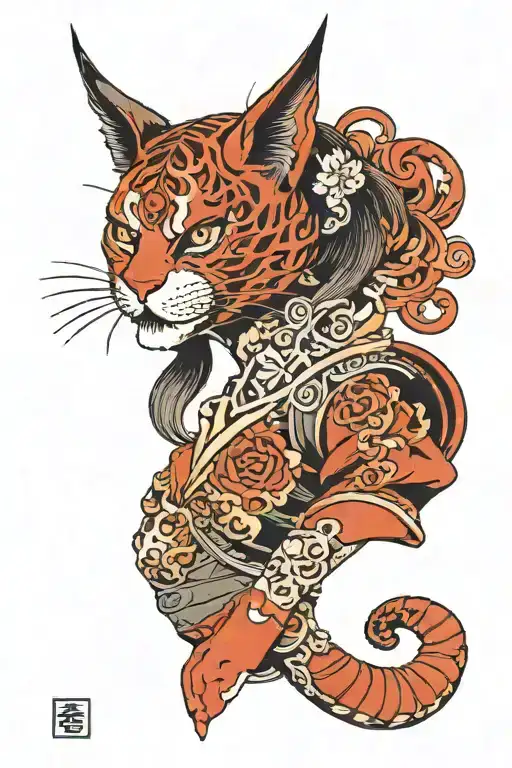 girl in a demon mask with a cat on the reach, side view tattoo design idea