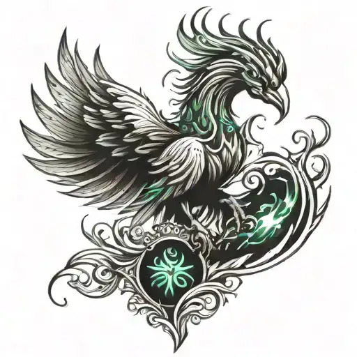 phoenix with fire wings and green emerald in place of heart  tattoo design idea