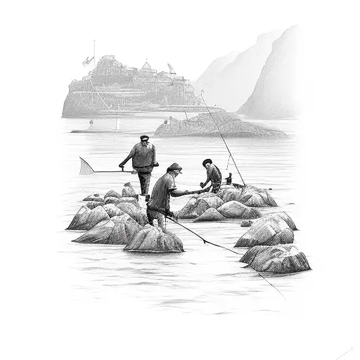 3 people fishing for crabs in harbour  tattoo design idea