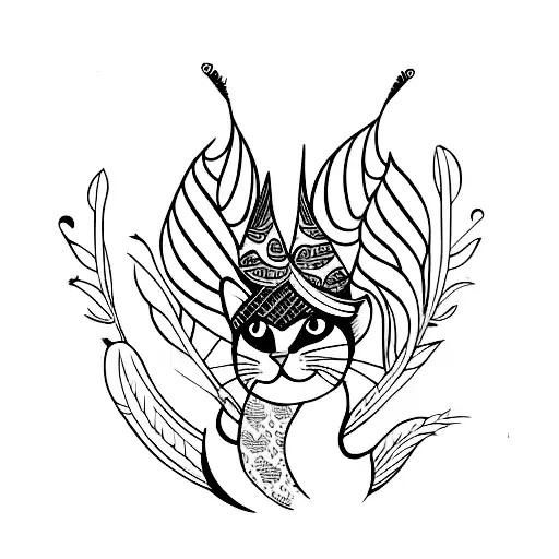 cat silhouette  wearing feather hat with an open book in the background and crossed goose feather and sword behind tattoo design idea