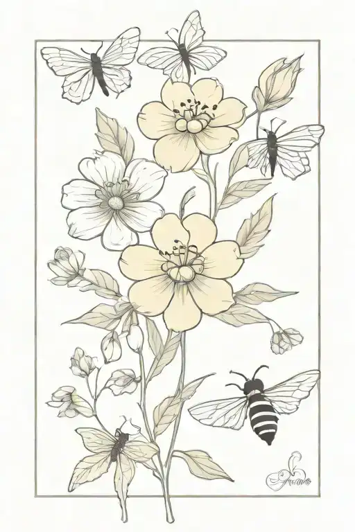 july february november birthflower with bees and butterflies  tattoo design idea
