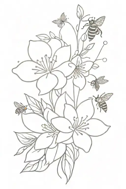 july february november birthflower with small bees and  small butterflies  tattoo design idea