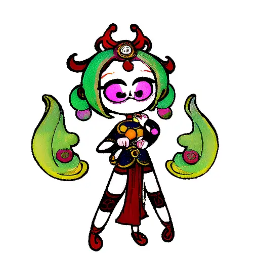 Full-length bodhisattva guanin in cartoon style with big eyes and bright colours to place on the forearm tattoo design idea