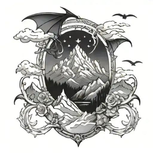velaris mountains from a court of thorns and roses and small dragons on the horizon   tattoo design idea