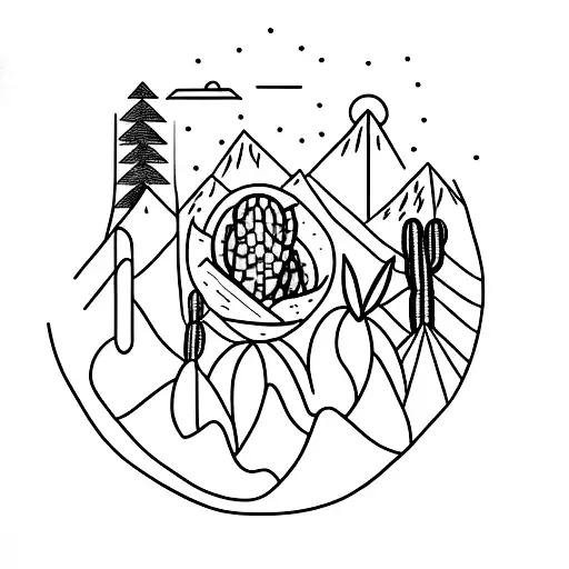 a tattoo which represents a cactus, two mountains and a bird in a minimalist way, in one fine line. This tattoo must  tattoo design idea