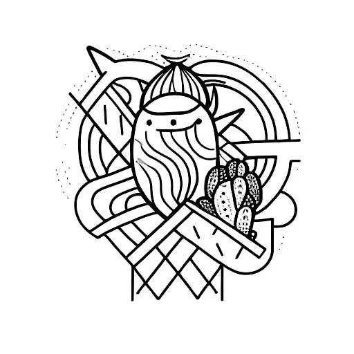 a tattoo which represents a cactus, two mountains and a bird in a minimalist way, in a one fine line tattoo design idea