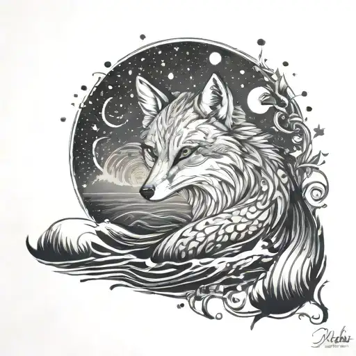 river flow stars moon fox   tattoo design idea