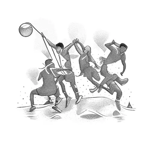 A group of friends playing sports in a nature setting, showcasing your love for sports, friends, and nature tattoo design idea