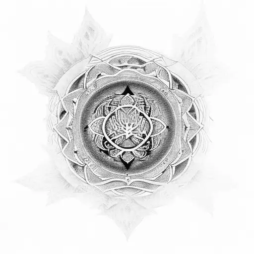 An intricate mandala design incorporating elements from the Radiohead logo and lyrics from 'Weird Fishes/Arpeggi', with dotwork shading. tattoo design idea