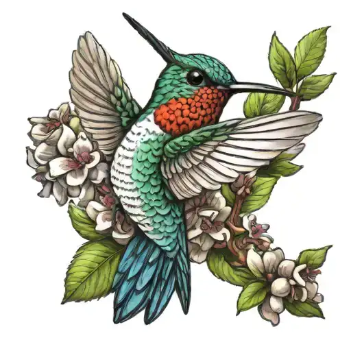 realistic humming bird with drinking nectar  tattoo design idea