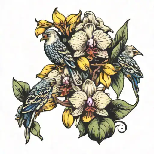 Orchid and Canaries tattoo design idea