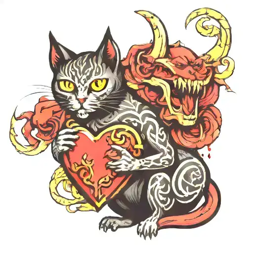 evil devil cat holding human heart   tattoo design idea
