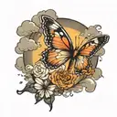 butterfly wind clouds flying with sun rays tattoo design idea