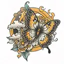 butterfly wind clouds flying with sun rays tattoo design idea
