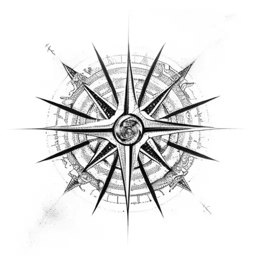 A dark-themed compass rose surrounded by stormy seas and Lovecraftian creatures tattoo design idea