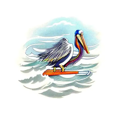 A pelican perched on a set of oars, with stormy waves crashing in the background tattoo design idea