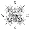 A dark-themed compass rose surrounded by stormy seas and Lovecraftian creatures tattoo design idea