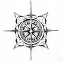 A dark-themed compass rose surrounded by stormy seas and Lovecraftian creatures tattoo design idea