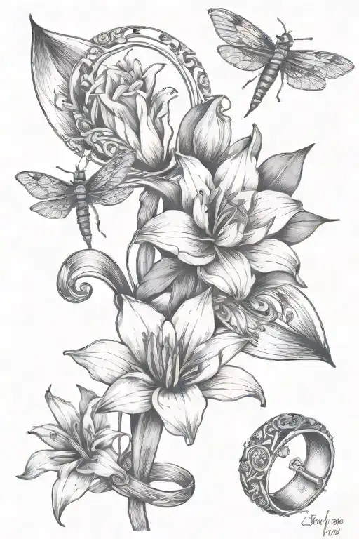 tattoos lilies, tulips, wedding rings, cross and dragonfly tattoo design idea