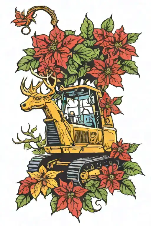 bulldozer, poinsettias, deer, farm field, tattoo design idea