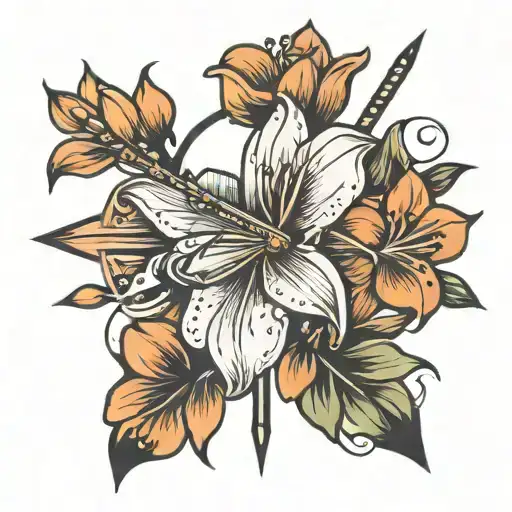 lily flower within bold classic bow and arrow tattoo design idea