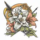 lily flower within bold classic bow and arrow tattoo design idea