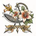 lily flower within bold classic bow and arrow tattoo design idea